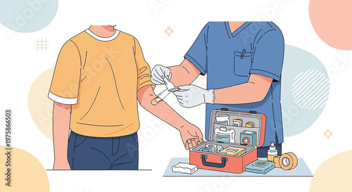First Aid Care: Nurse Applying Bandage to Patient's Arm After Injury