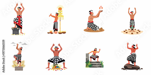 Vector Illustration Set of Balinese Men Performing Traditional Ceremonies, Kecak Dance, and Ritual Offerings in Authentic Cultural Attire