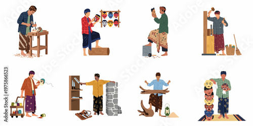 Set of flat illustrations featuring traditional Indonesian male artisans working on cultural crafts like mask carving, woodcraft, and tool making.