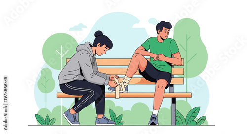 First Aid for Sports Injury: Person Bandaging Athlete's Injured Ankle on Park Bench