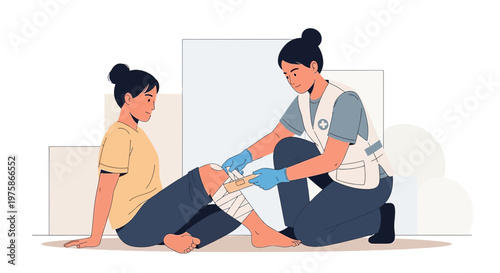 First Aid for Leg Injury: Nurse Applying Bandage to Patient's Knee