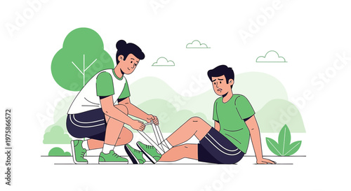 First Aid for Sports Injury: Person Tying Bandage on Injured Friend's Leg