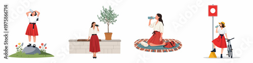 Flat illustration set of a young woman staying hydrated and drinking water in various outdoor activities like hiking, yoga, and cycling.