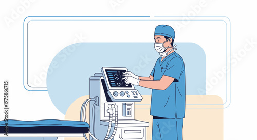Doctor operating medical ventilator in modern operating room, healthcare concept