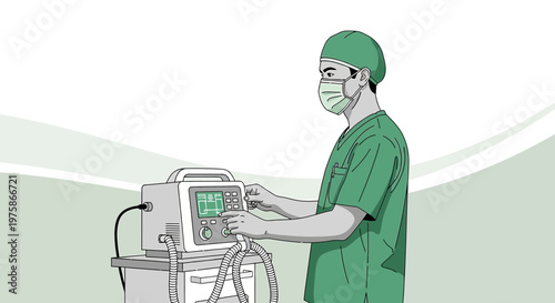 Doctor operating medical ventilator in operating room, healthcare, intensive care unit