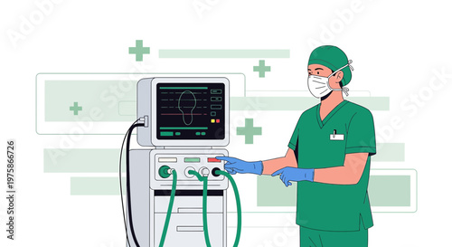 Doctor operating medical ventilator machine in operating room, healthcare concept