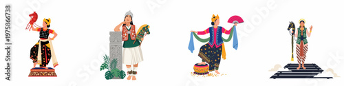 Collection of Indonesian traditional female dancers in colorful ethnic costumes performing various classical dances with cultural props on a white background.