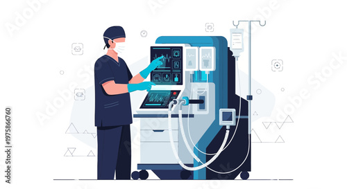 Doctor operating modern medical ventilator machine in hospital intensive care unit