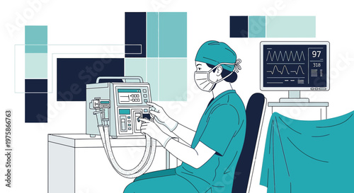 Doctor operating ventilator in modern operating room with patient monitor