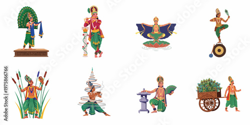 Collection of diverse Lord Krishna illustrations depicting various Hindu mythological scenes, rituals, and cultural symbols in a vibrant flat design style.