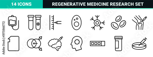 Stem cell research and biotechnology line icon set