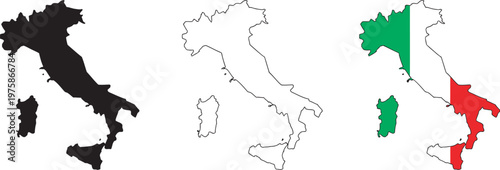 Italy map silhouette, Italian regions and national flag, political map boundaries, country shape icon, geographic identity, travel vector illustration