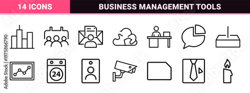 Office and workplace business line icons set