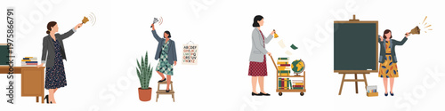 Flat vector illustration of several female teachers in school environments ringing handbells to announce the start of class or call for student attention.