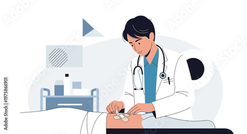 Doctor Performing Medical Procedure on Patient, Wound Dressing and Bandage Application