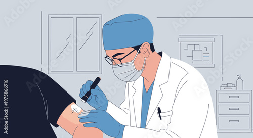 Doctor Performing Medical Procedure on Patient's Arm in Clinic