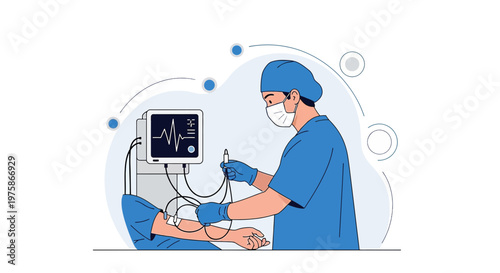 Doctor performing medical procedure with patient and vital signs monitor in clinic