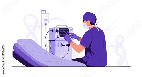 Doctor performing medical procedure with advanced equipment and patient bed