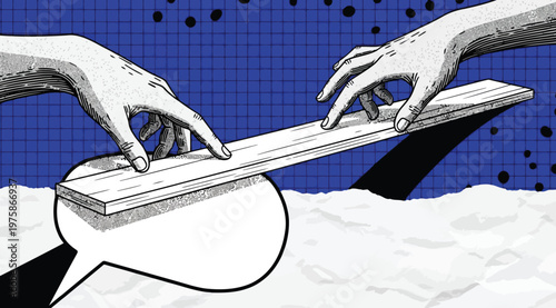 Conceptual illustration of hands measuring or adjusting a speech bubble on a blue grid background