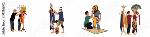 Flat vector illustration of Indonesian men preparing traditional masks and costumes for a cultural performance or dance ritual.