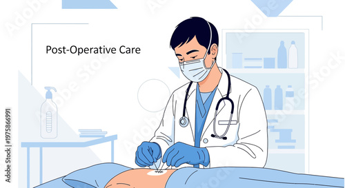 Doctor performing post-operative care on patient, wound dressing and bandage application