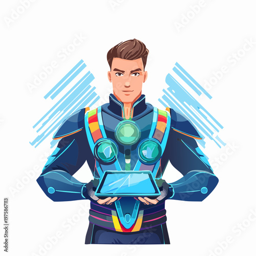 Neon streaks, holding holographic device, standing heroically, serious look