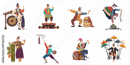 Set of Characters in Traditional Indonesian Clown Costumes Performing with Cultural Musical Instruments and Props Isolated on White Background