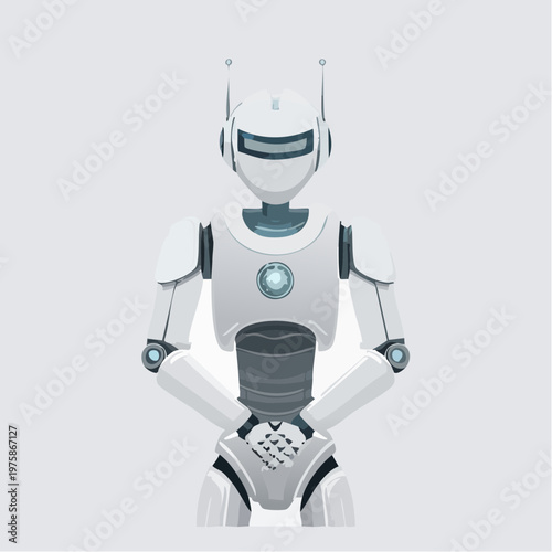 Neutral white background, silver robotic accents, hands clasped, confident posture