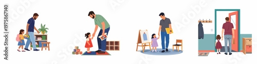 A set of flat illustrations showing fathers dropping off and picking up their young daughters from preschool or kindergarten.