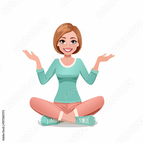 Mint green and rose gold, sitting with legs dangling, smiling wide, interactive gesture