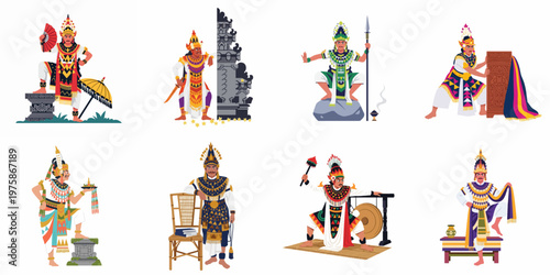 Set of Balinese Traditional Male Dancers in Various Poses and Costumes Representing Indonesian Cultural Heritage Flat Vector Illustration