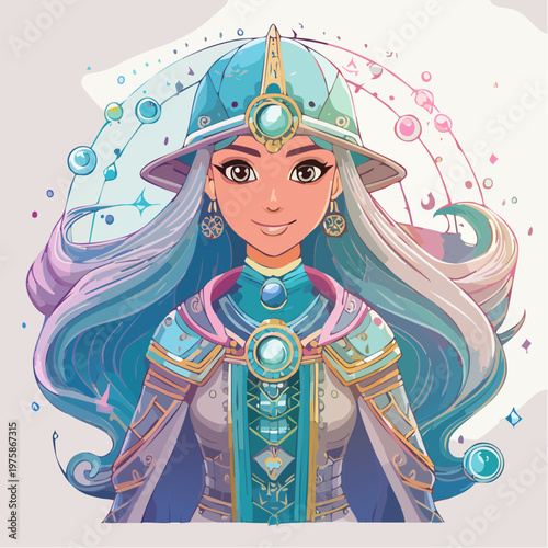 Vector illustration of a humanoid AI wizard, robes embedded with circuits, floating holographic spell orbs, long metallic hair, mystical aura, wise expression, pastel and metallic color scheme, crisp 