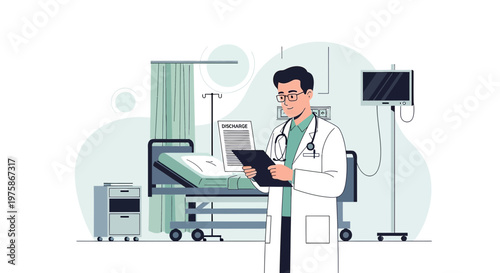 Doctor Reviewing Patient Chart in Modern Hospital Room with Medical Equipment