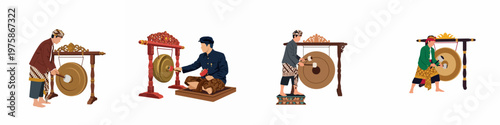 Vector illustrations of Indonesian men in traditional attire playing the ceremonial gong, a key instrument in the traditional gamelan ensemble.
