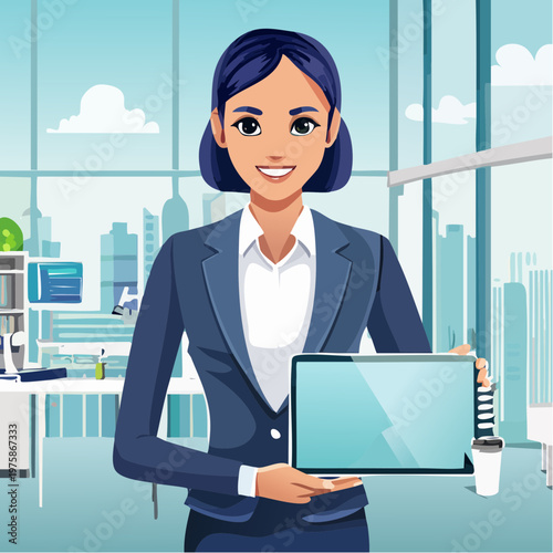 Vector illustration of a professional humanoid AI assistant, business attire with subtle robotic features, holding a holographic tablet, confident but approachable expression, modern tech office backg