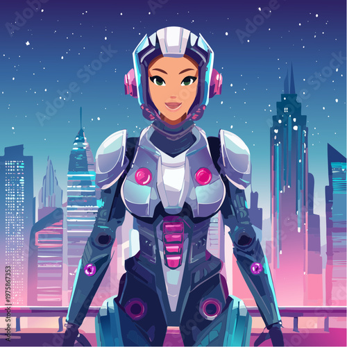 Vector illustration of a futuristic cyberpunk female android, neon-lit city background, detailed robotic limbs, glowing eyes, sleek metallic outfit, dynamic pose, confident expression, highly detailed