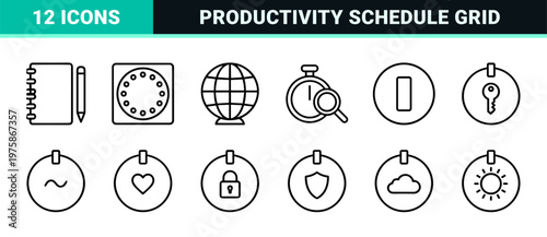 Minimalist time and scheduling outline icon set for business productivity