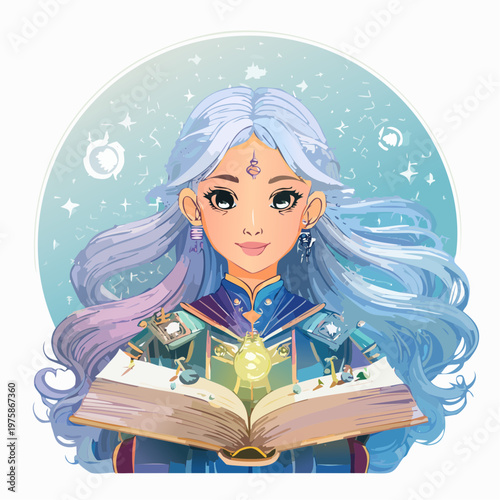 Vector illustration of a humanoid AI wizard, glowing circuits on robes, floating holographic spellbooks, long flowing hair with metallic strands, mystical aura, friendly and wise expression, intricate