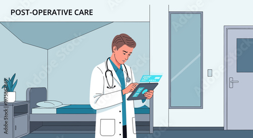 Doctor reviewing patient data on tablet in post-operative care room