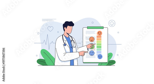 Doctor reviews patient satisfaction survey with mood icons on clipboard