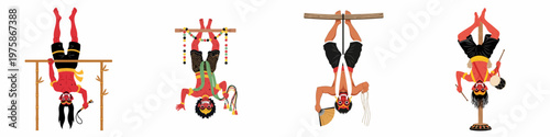 Set of traditional Indonesian folk performers hanging upside down wearing red devil masks and ethnic costumes, flat vector illustration isolated on white.
