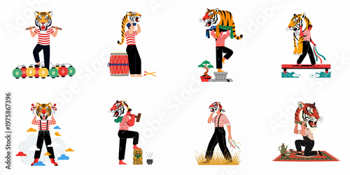 Set of eight diverse illustrations featuring a man performing various activities while wearing or carrying traditional tiger head masks in a graphic style.