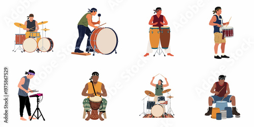 Flat vector illustrations of diverse male percussionists and drummers playing various types of drums, including drum kits, congas, djembe, and street percussion.