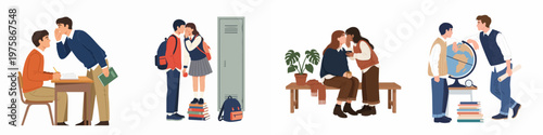 Set of diverse students whispering secrets, gossiping, and talking in school environments, featuring scenes with books, lockers, and globes.
