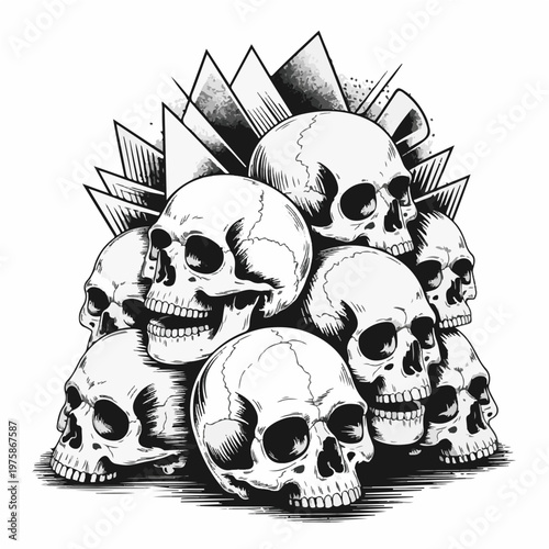 Stack of Skulls with Geometric Shapes Vector Illustration – Gothic Tattoo Style Design
