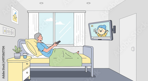 Elderly patient relaxing in hospital bed watching TV, recovery and healthcare concept