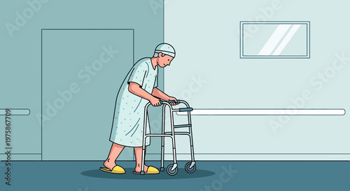 Elderly patient with walker in hospital hallway, recovering from surgery