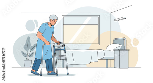 Elderly patient with walker in hospital room, recovering from surgery, receiving care