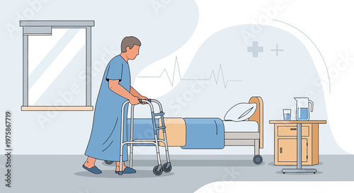 Elderly patient with walker in hospital room, recovering from surgery, rehabilitation