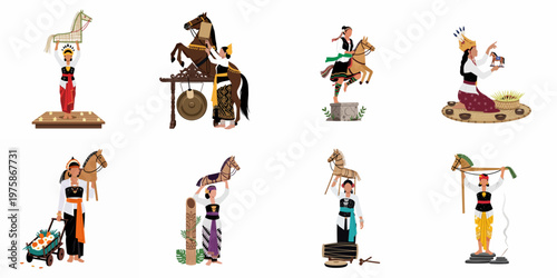 Set of eight flat illustrations depicting Indonesian women in traditional costumes performing cultural dances with hobby horses and various ritualistic elements.